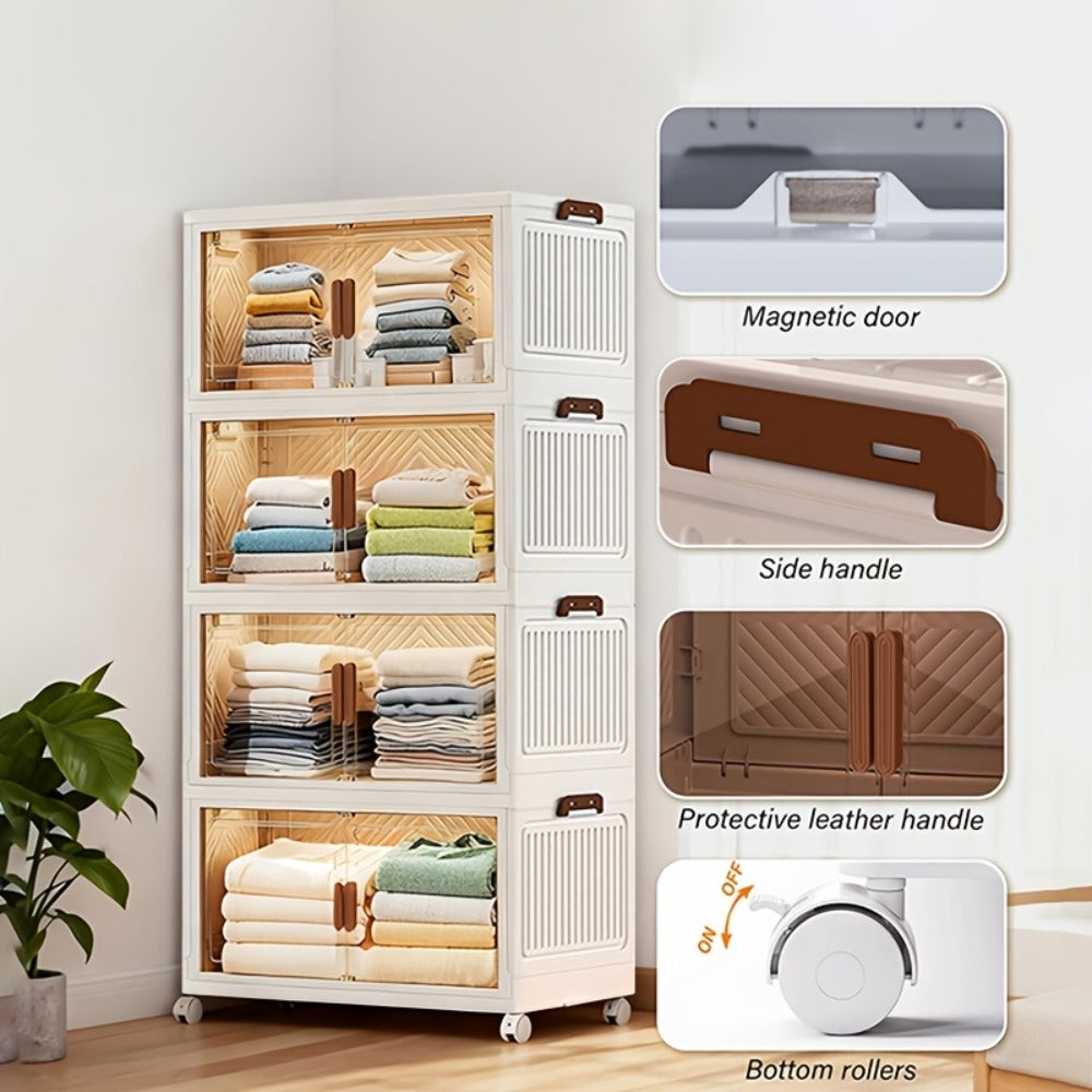 Stackable Foldable Storage Cabinet with Door, PP Plastic 1/2/3/4/5 Layer Organizer Box with Wheels & Cover
