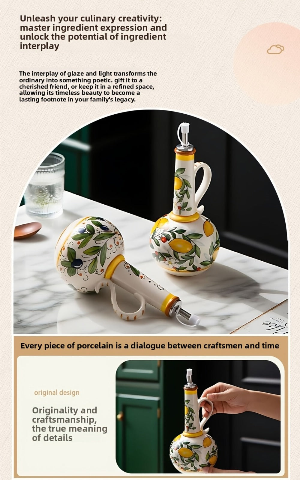 Ceramic Oil and Vinegar Dispenser Set Hand-Painted Underglaze Anti-Drip Leak-Proof Kitchen for Home Cooking, Dining and Outdoor Meals
