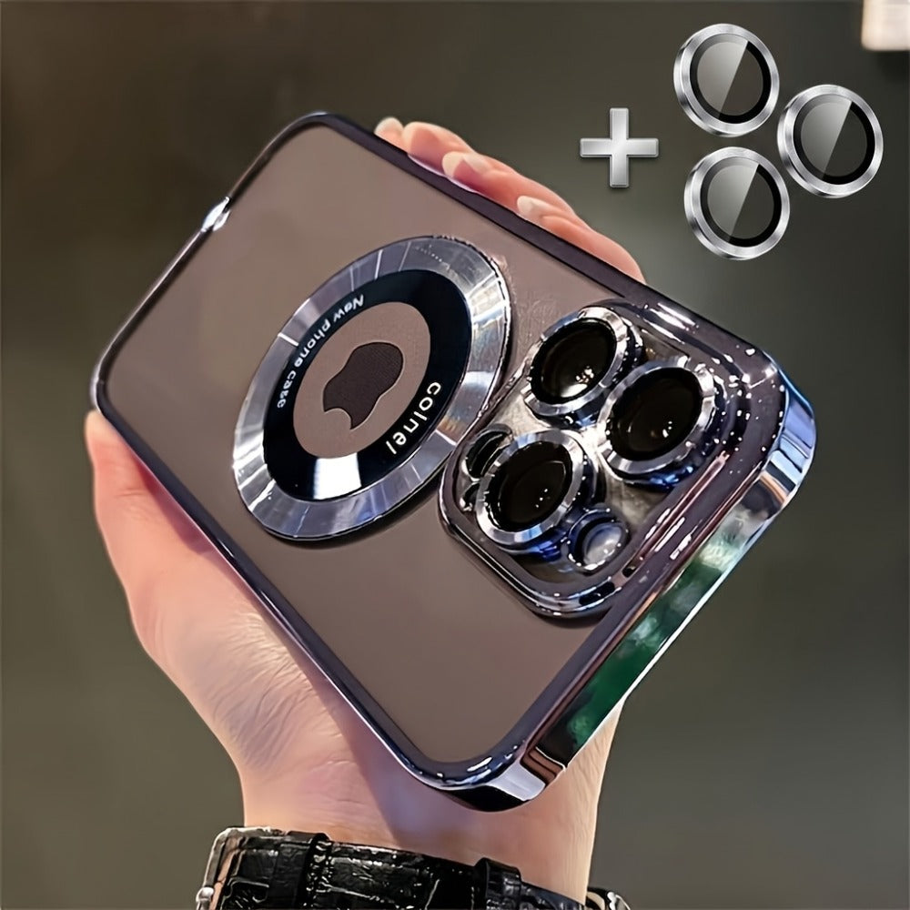 Phone Case Electroplated Clear Back with Built-In Lens Film and Magnetic Qi Charging for Select iPhones