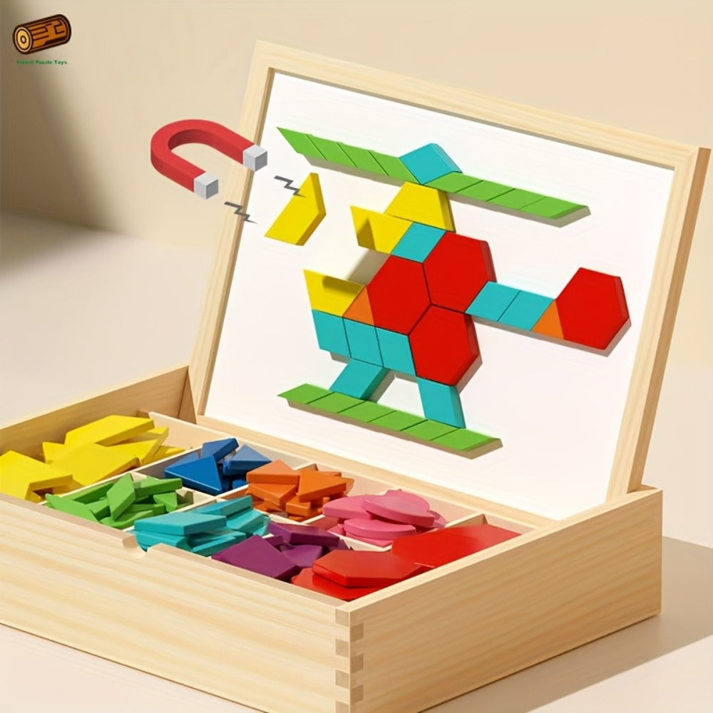 Magnetic Wooden Puzzle Blocks 128 180 220 Piece Set, Geometric Figures Cognitive Learning STEM Toy for Kids
