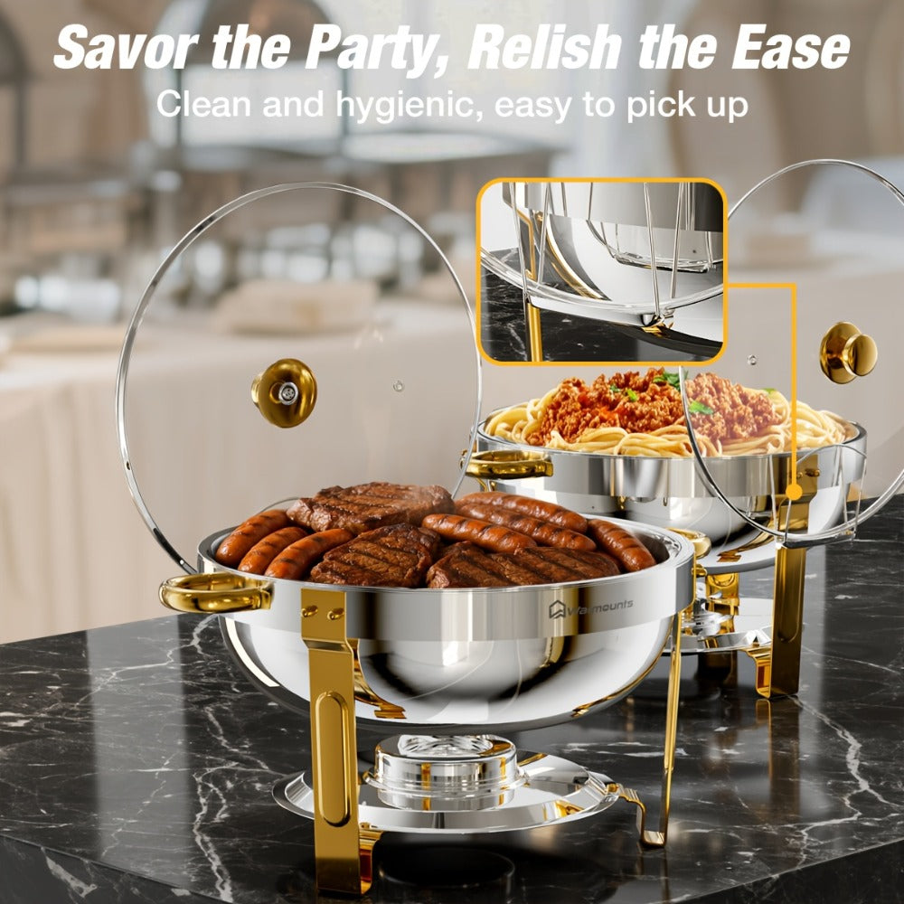 Gold Chafing Dishes Buffet Set 5QT Round Stainless Steel Food Warmer with Glass Lid Lid for Entryways, Bedrooms and Living Spaces