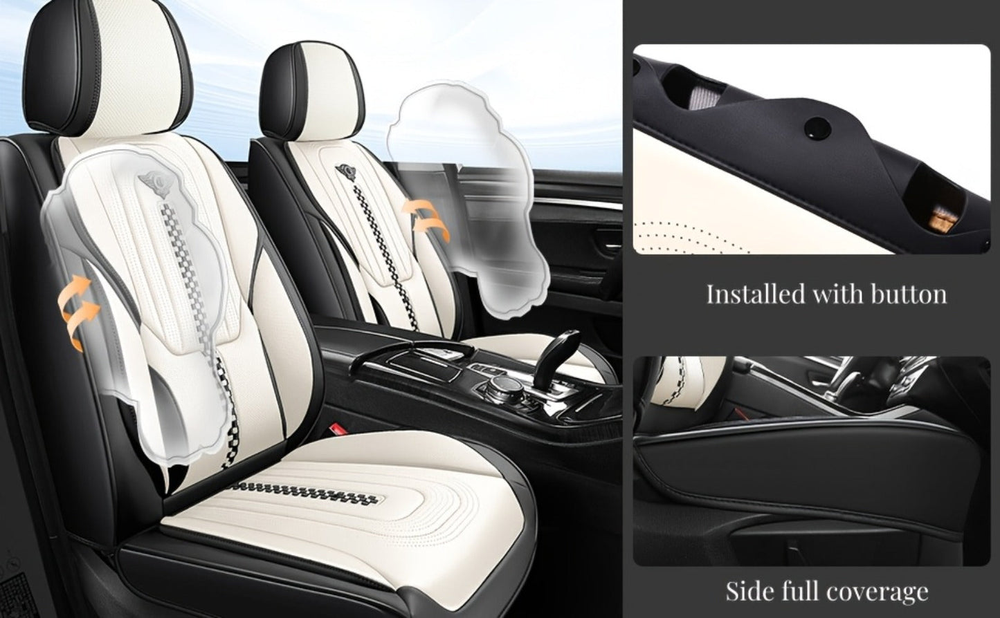 Contoured Front Car Seat Cushion Covers with Headrest Pads in Four Two-Tone Color Option Sets