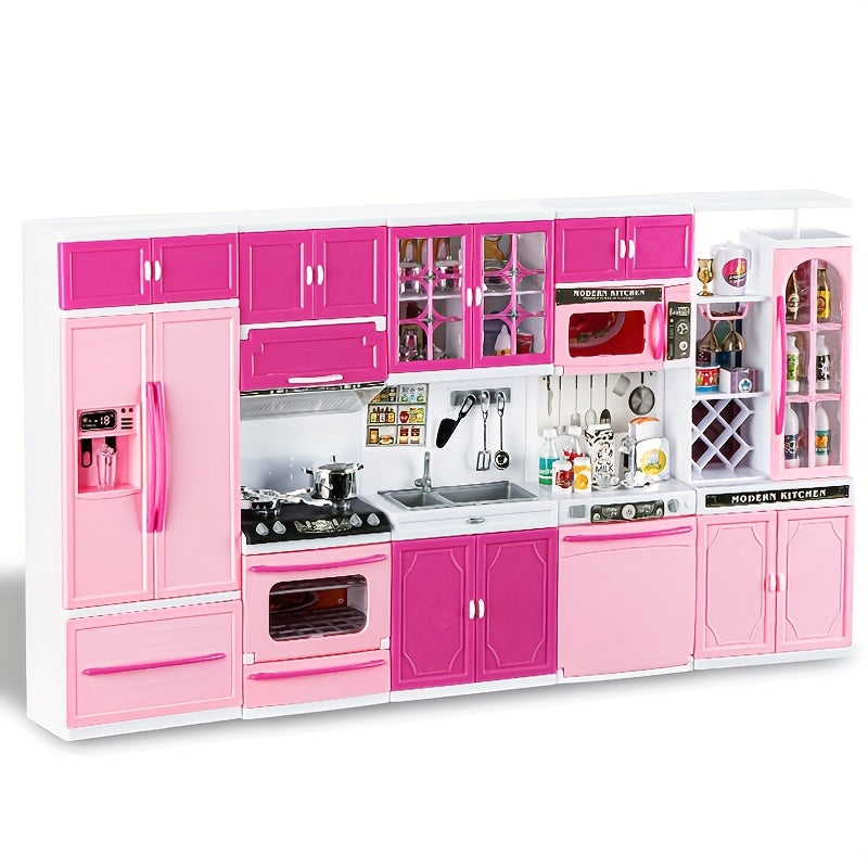 Pink Kitchen Toy Set 64pcs with Lights & Sounds, Mini Furniture Doll Playset for Girls, Pretend Play Kitchen Accessories