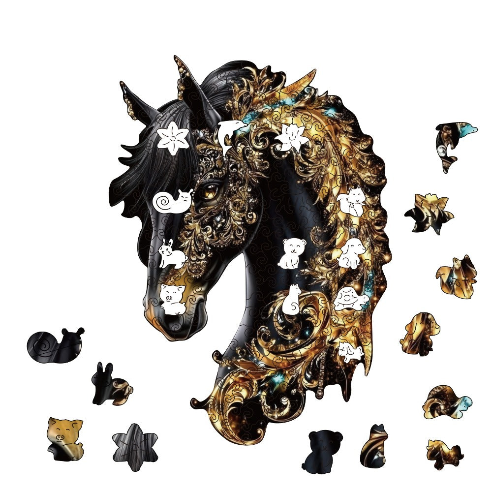 Ornate Horse Silhouette Wooden Jigsaw Puzzle with Gold-Tone Scrollwork in Three Size Options for Display