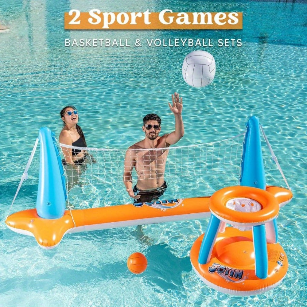 Inflatable Pool Game Set for Kids & Adults, Volleyball Net Court & Basketball Hoops with Balls