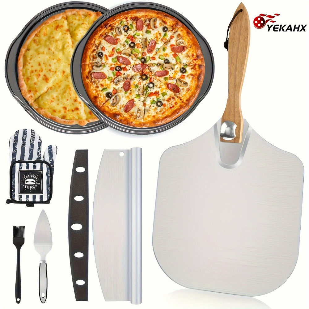 Pizza Making Set with Pizza Peel, Nonstick Pizza Pan, Perforated Pan, Pizza Cutter, Oven Mitts, Pie Server & Basting Brush