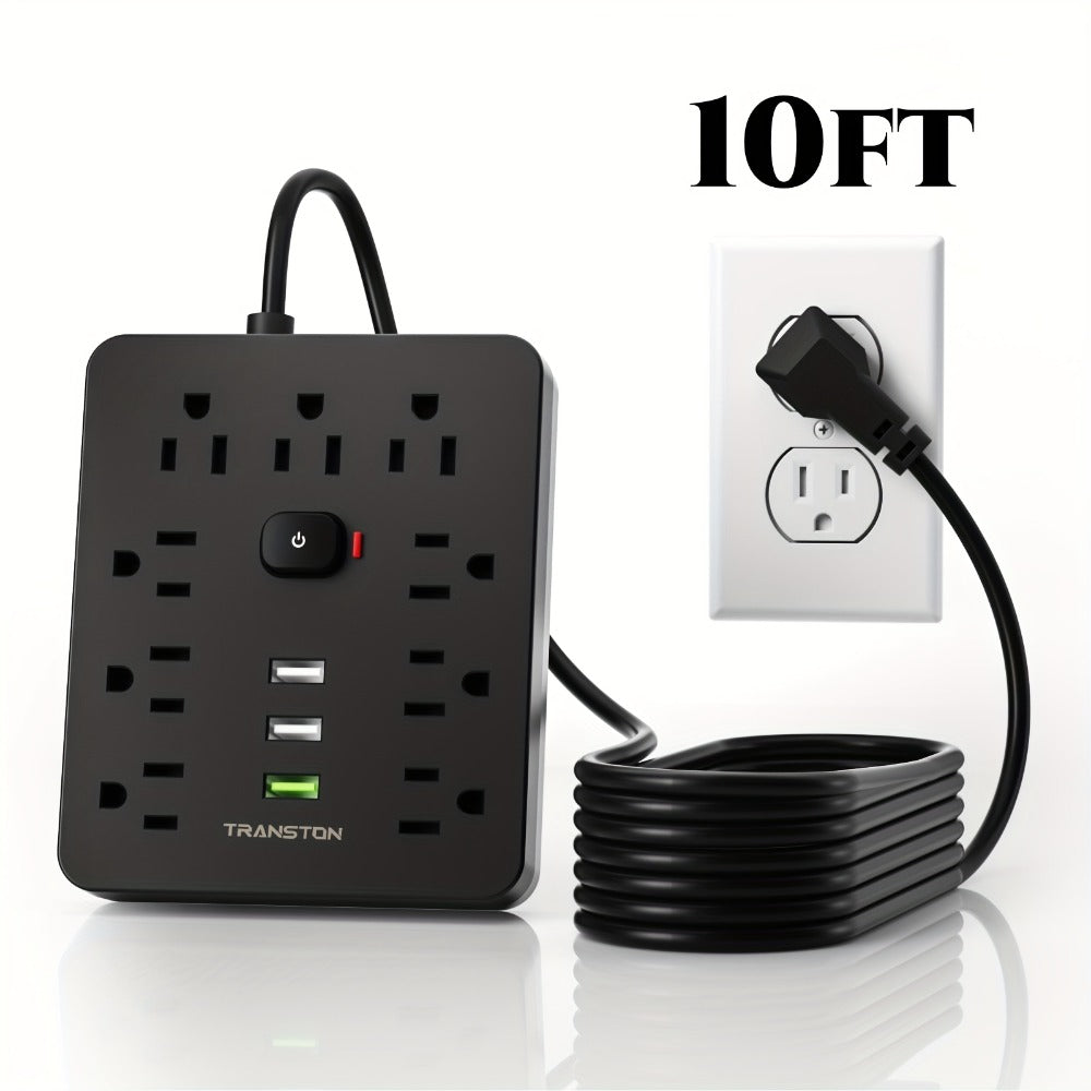Power Strip with USB Ports, 12-in-1 with 45-Degree Angled Plug, 9 AC Outlets, 3 USB-A Ports and 10-Foot Extension Cord