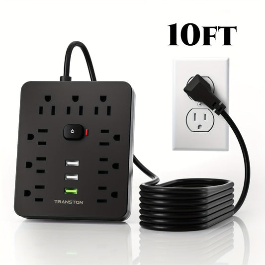 Power Strip with USB Ports, 12-in-1 with 45-Degree Angled Plug, 9 AC Outlets, 3 USB-A Ports and 10-Foot Extension Cord