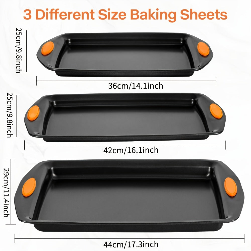 Nonstick Baking Sheet Set with Silicone Handles, Carbon Steel Cookie Sheet Pan Set in Assorted Sizes