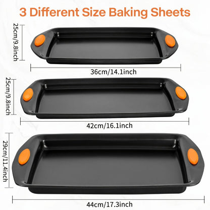 Nonstick Baking Sheet Set with Silicone Handles, Carbon Steel Cookie Sheet Pan Set in Assorted Sizes