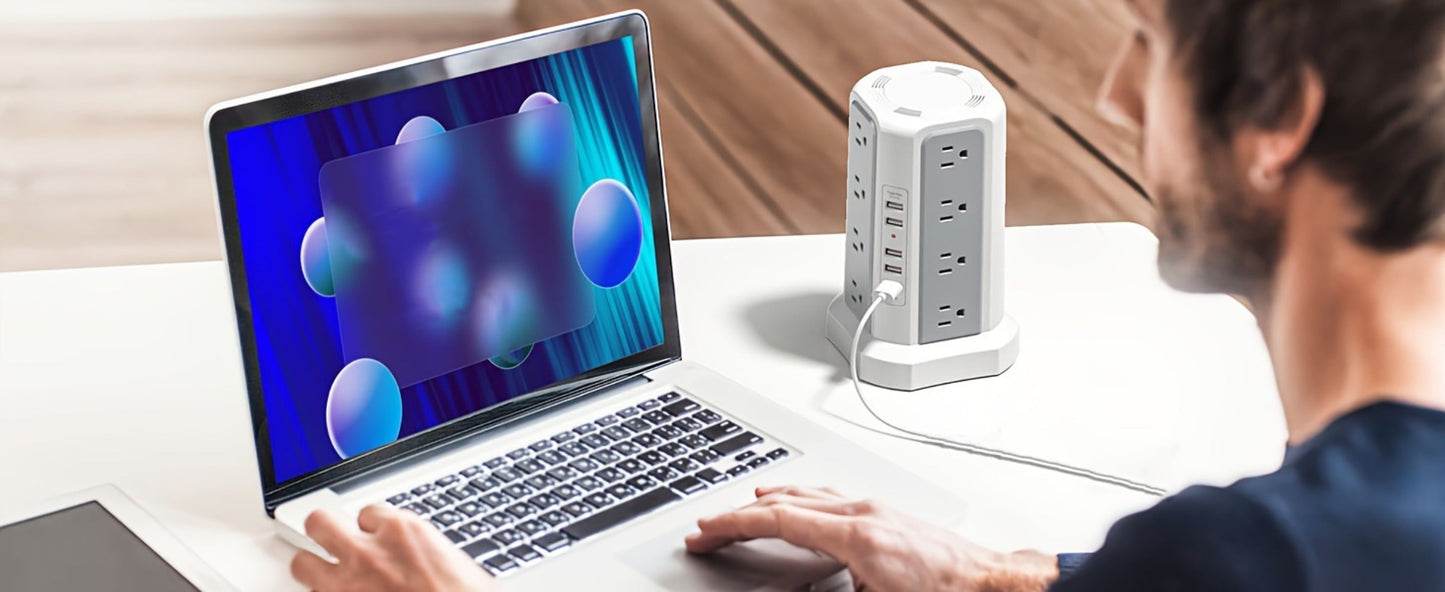 PD18W USB-C Power Strip Tower 21-in-1, 16 AC Outlets & 5 USB Ports, 1500J Surge Protector, Angled Flat Plug