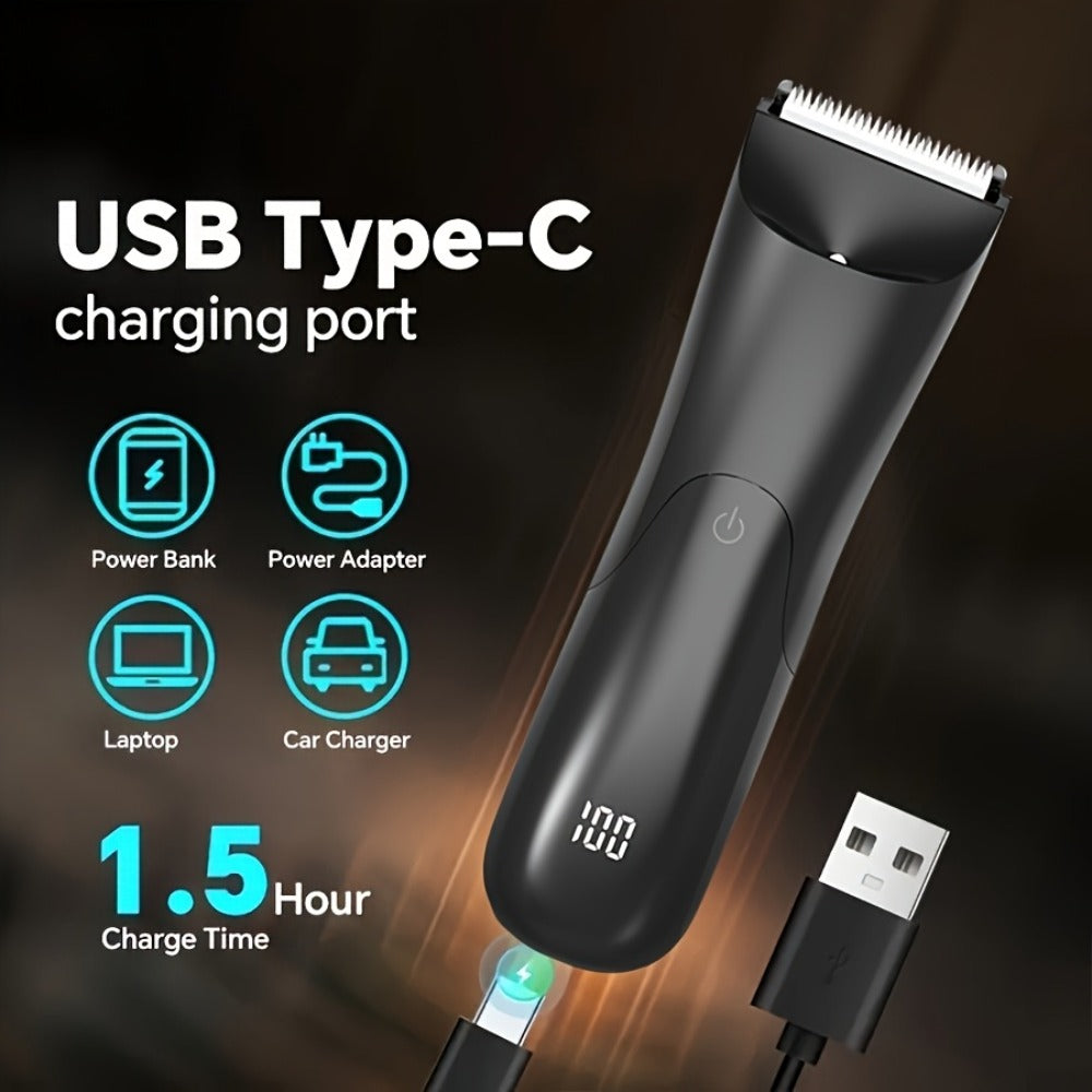 V-Shaped Ceramic-Blade Body Hair Trimmer with LCD Display, USB Cable, Guide Combs and Six Finish Options