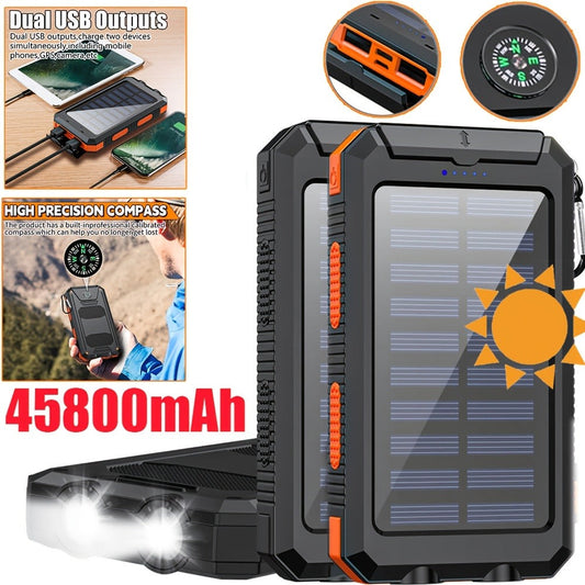 Solar Power Bank, 45800mAh QC3.0 Dual-USB Charger with Solar Panel, LED Flashlight and Five Color Options