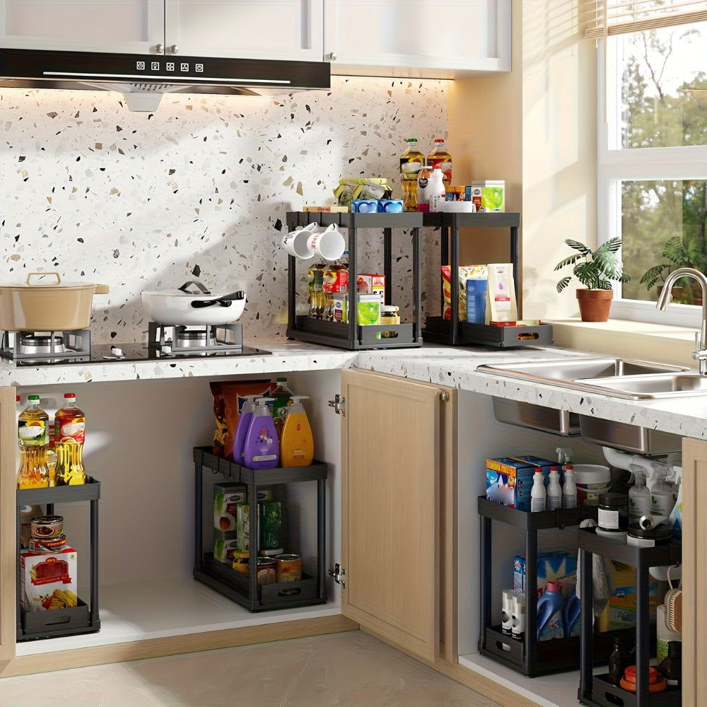 Under Sink Storage Organizer 2-Piece Double-Tier Sliding Basket with 8 Hooks in Four Color Styles