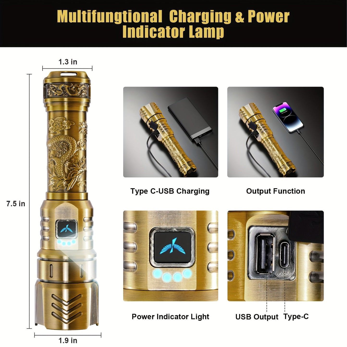 Rechargeable Flashlight 4000mAh – 1000 Lumen Dragon Pattern LED Torch, Zoomable Beam, Fire Starter Lens, 4 Modes