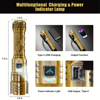 Rechargeable Flashlight 4000mAh – 1000 Lumen Dragon Pattern LED Torch, Zoomable Beam, Fire Starter Lens, 4 Modes