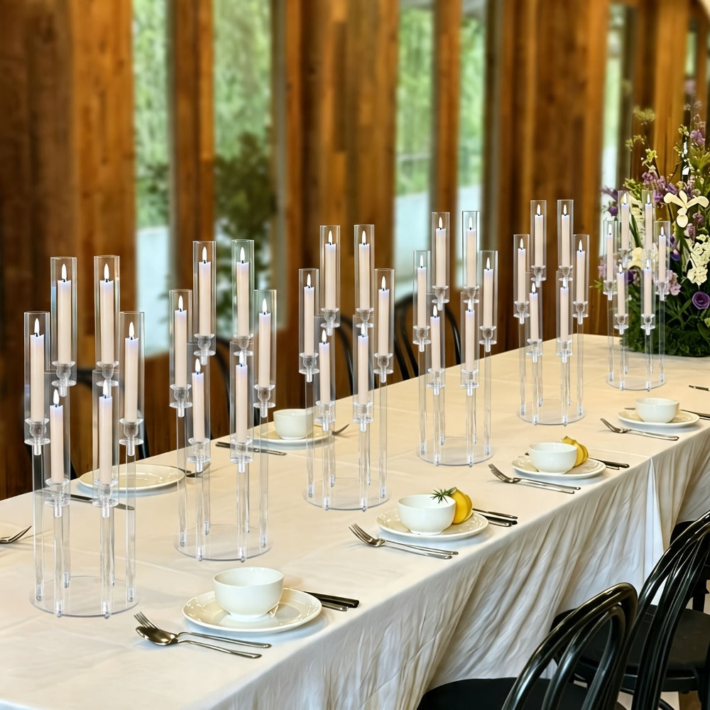 Clear Acrylic Six-Arm Candelabra with 68cm Height, 22cm Round Base and 2-, 4-, 10-, 12- or 20-Piece Options