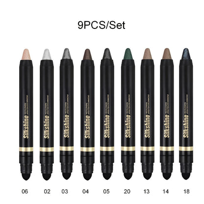 Metallic Eyeshadow Stick Set 9pcs Waterproof Long-Lasting Eye Makeup Kit – Shimmer Crayon Eye Brightener Highlighter & Eyeliner Pen