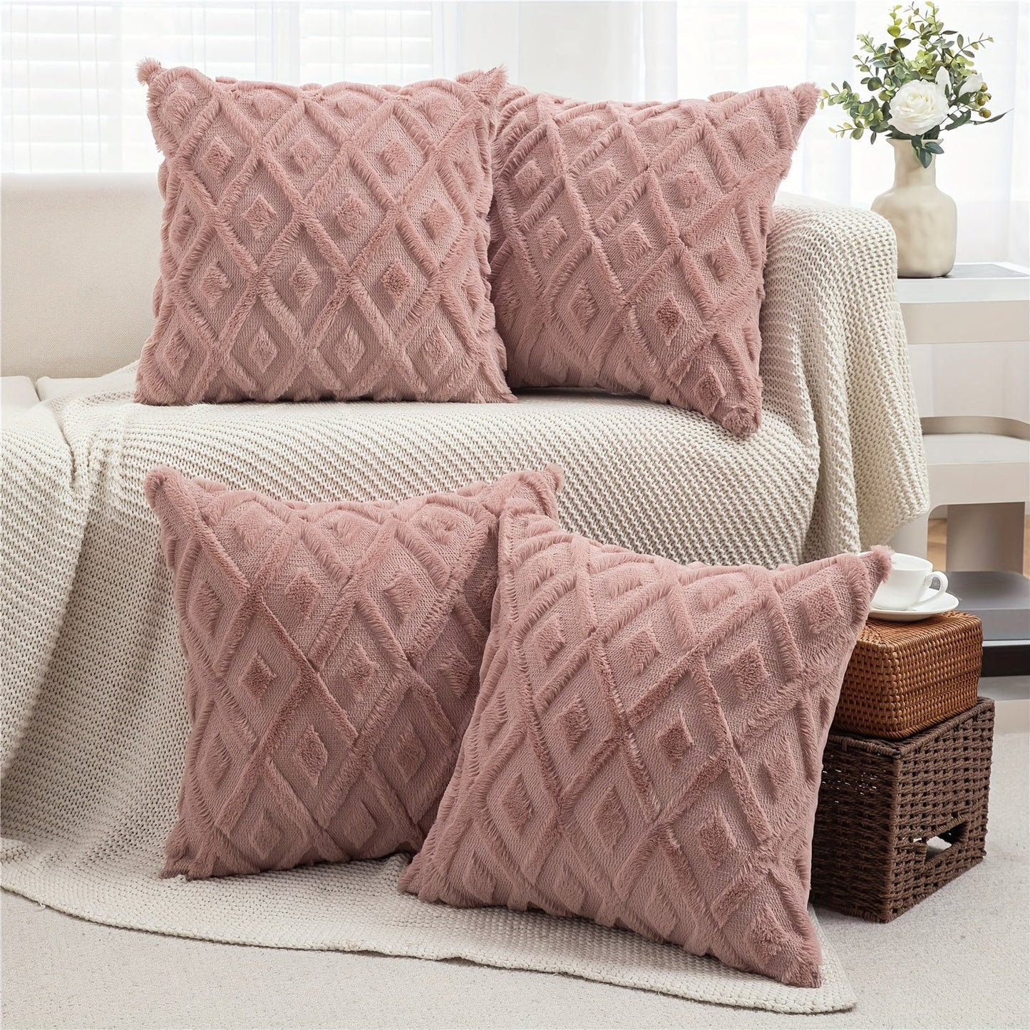 Luxury Faux Wool Pillow Covers 18x18 Set of 4 Boho Soft Plush Decorative Cushion Cases with Zipper for Couch Sofa Living Room