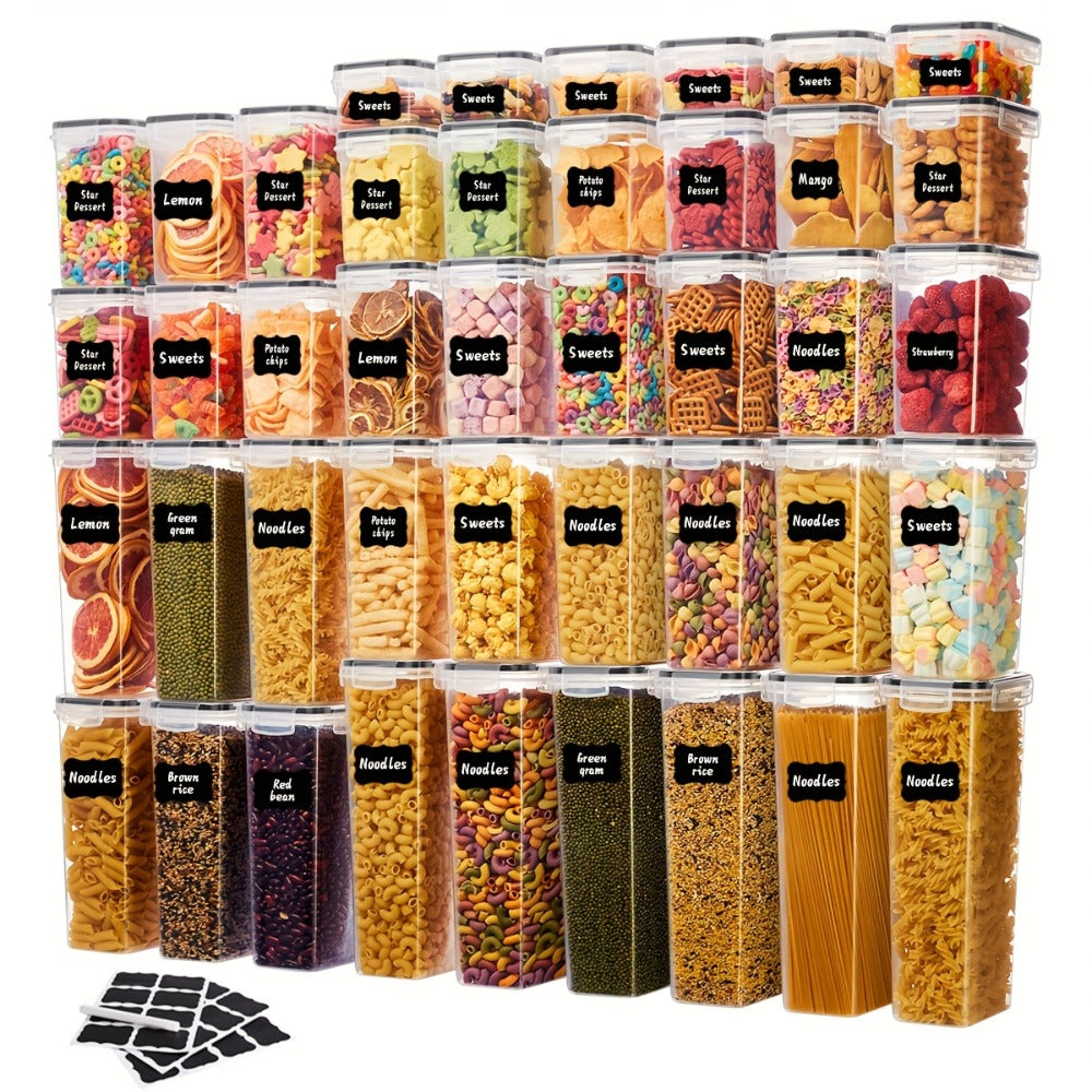 Food Storage Container Pantry Set with Three to 42 Jars, Flip-Top Lids, BPA-Free Plastic and Labels