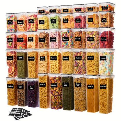 Food Storage Container Pantry Set with Three to 42 Jars, Flip-Top Lids, BPA-Free Plastic and Labels