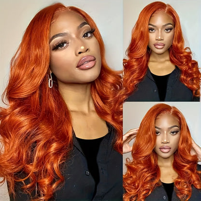 Lace Front Wig Ginger-Orange Body Wave Human Hair, 14- or 20-Inch Style with 4x4 Closure and 150% Density