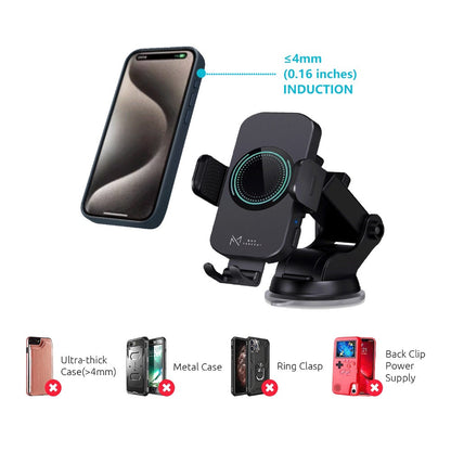 15W Auto-Clamping Wireless Car Phone Mount with Dashboard Suction Base and Blue or Gold Finish