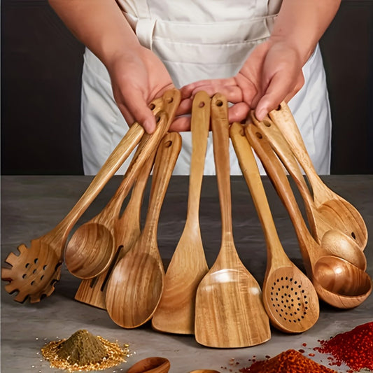 Wooden Kitchen Utensil Set 10 Piece – Nonstick Safe Cooking Spoons, Ergonomic Handle, Heat Resistant Wood Kitchen Tools