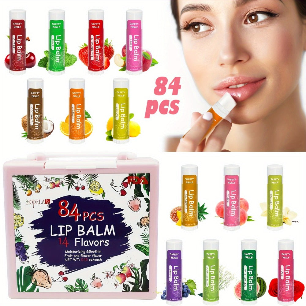 Lip Balm 84-Piece Bulk Set with 14 Flavors, 4.2g Twist-Up Tubes and Color-Coded Box Packaging