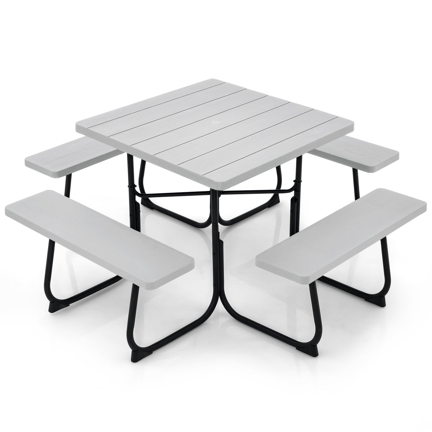 Outdoor Picnic Table 8-Person, Square HDPE Table with 4 Built-in Benches, Umbrella Hole, Metal Frame