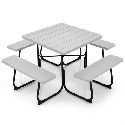 Outdoor Picnic Table 8-Person, Square HDPE Table with 4 Built-in Benches, Umbrella Hole, Metal Frame