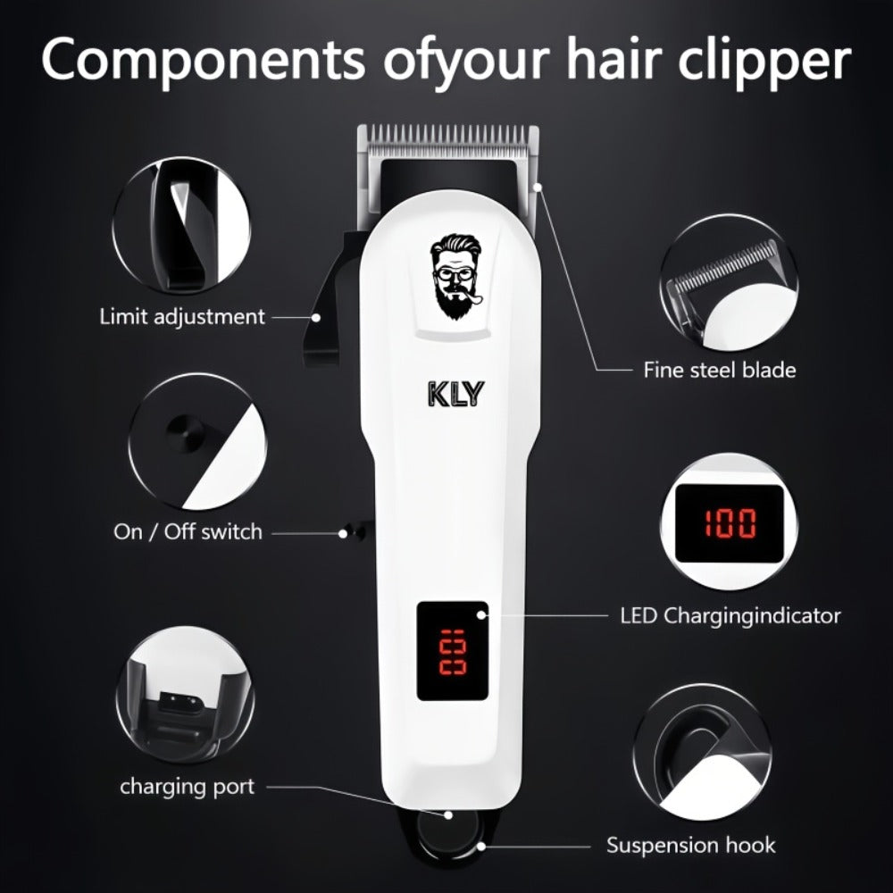 Hair Clippers & Trimmers KLY White Full-Size Clipper with LCD Display, USB Charging and Guide Comb Set
