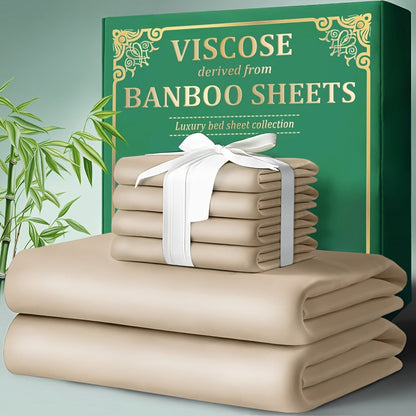 Bamboo Fitted Sheet Set 4-Piece Deep Pocket 18"-24", 2200TC Ultra- Cool Breathable Bed Sheets, Anti-Shrink Fade-Resistant