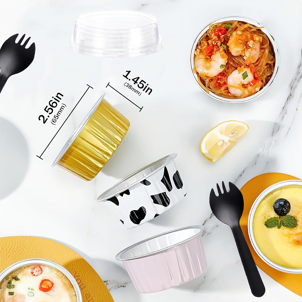 Aluminum Foil Baking Cups with Lids, Disposable Cupcake Molds with Spoons, Foil Dessert Cups for Pudding Muffins Mousse
