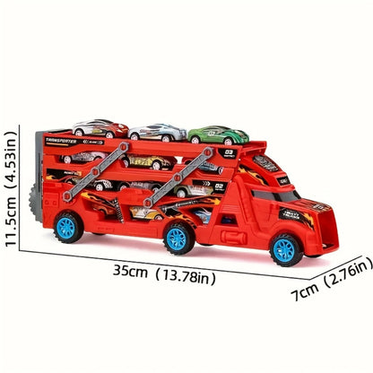Transforming Launcher Truck Playset with 8 Alloy Cars, Foldable Storage Transporter Toy, Car Carrier Truck with Launch Ramp