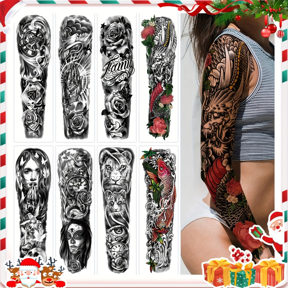 Full Arm Temporary Tattoo Stickers 8 Large Sheets Waterproof Black Realistic Koi Dragon Lion Floral