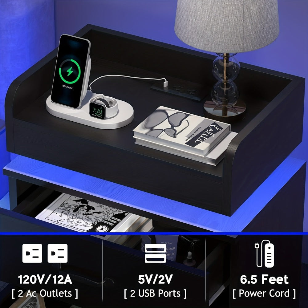 Small Nightstand with USB Charging Station & LED Lights, Compact Bedside Table with Drawer, Under 27 Inch Floor Mount