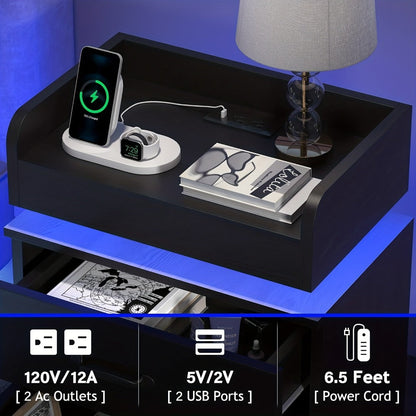 Small Nightstand with USB Charging Station & LED Lights, Compact Bedside Table with Drawer, Under 27 Inch Floor Mount