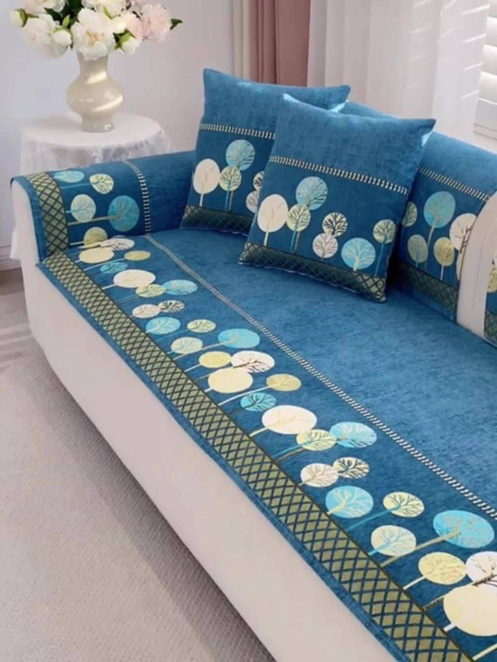 Sofa Cover, Geometric Embroidered Knit Couch Pad in Gray, Blue or White with Three Size Options