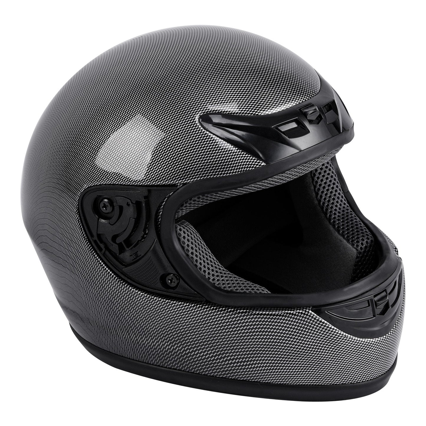 Motorcycle Helmet TCMT Full-Face Black Shell with Clear Shield, S-XL Size Chart, Interior Padding and Rear Vents