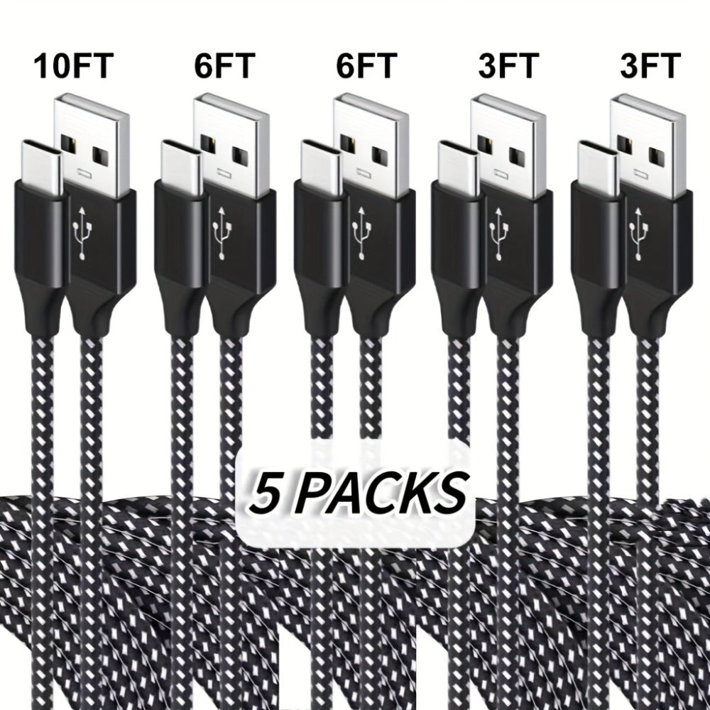 Five-Pack Braided USB-A to USB-C Charging Cables in 3.3, 6.6 and 10 ft Lengths, Black and White