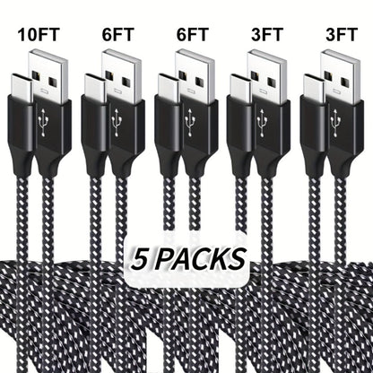 Five-Pack Braided USB-A to USB-C Charging Cables in 3.3, 6.6 and 10 ft Lengths, Black and White