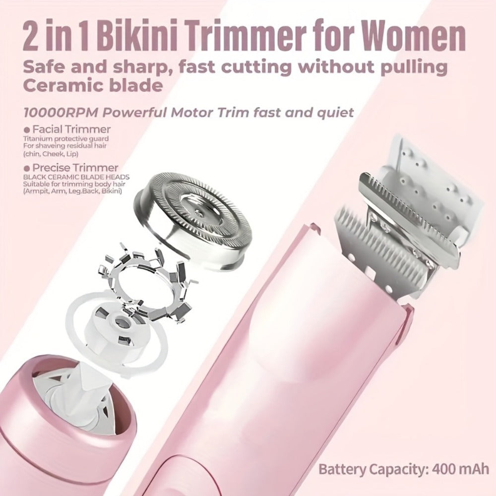 Bikini Trimmer Electric 2-in-1 Rechargeable Dual-Head Face Shaver for Women – Stainless Steel Blade USB Cordless Hair Remover for Bikini