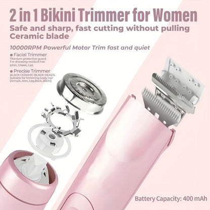 Bikini Trimmer Electric 2-in-1 Rechargeable Dual-Head Face Shaver for Women – Stainless Steel Blade USB Cordless Hair Remover for Bikini