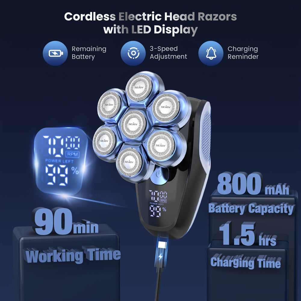 Electric Head Shaver for Bald Men 7D 7 Floating Heads – All-in-One Grooming Kit with Nose Hair Trimmer & Facial Cleaning Brush