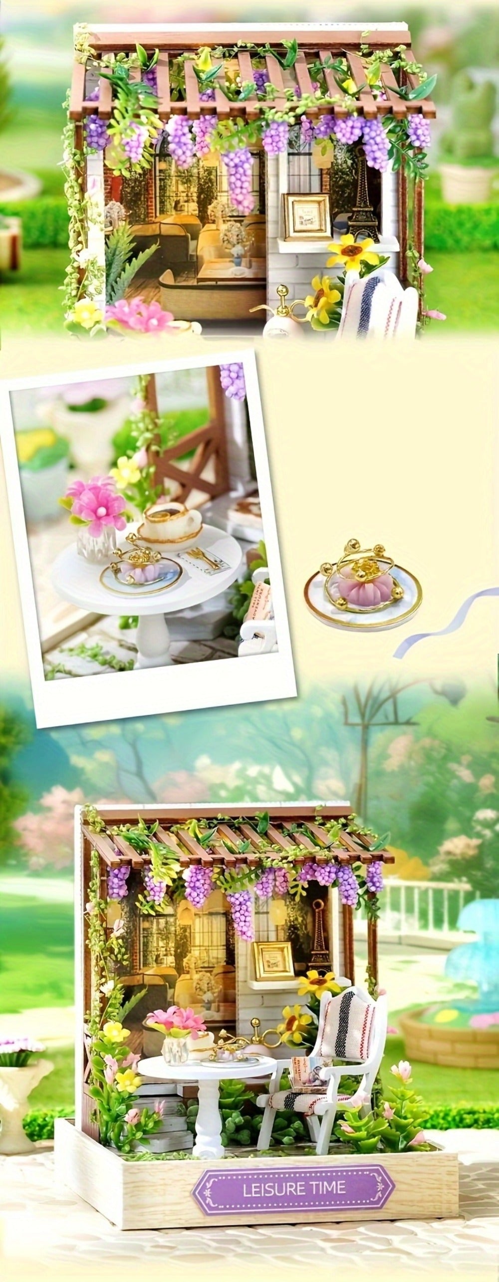 DIY Wooden Tiny House Kit with Dust Cover, Handmade Miniature Dollhouse Puzzle, 3 Themes Afternoon Tea Rotating Food House Moon Magic