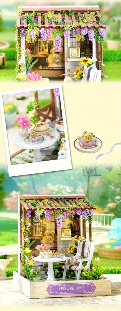 DIY Wooden Tiny House Kit with Dust Cover, Handmade Miniature Dollhouse Puzzle, 3 Themes Afternoon Tea Rotating Food House Moon Magic