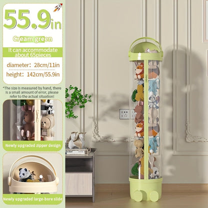 Stuffed Animal Storage Bin Transparent Cylindrical with Zipper, Large Plush Toy Organizer for Kids Bedroom Living Room