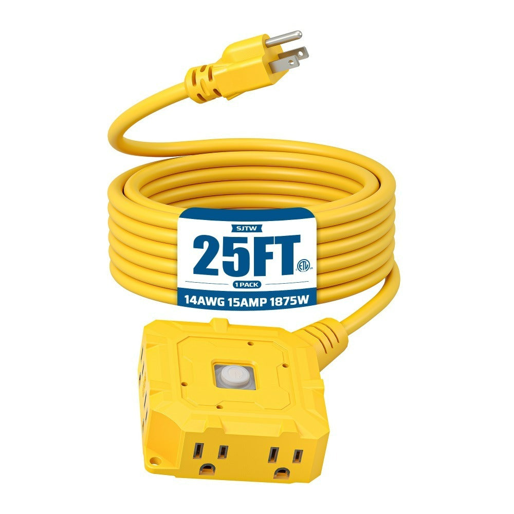 Extension Cord 25ft 6-Outlet SJTW 14AWG with Cover & On/Off Switch, Outdoor Indoor Power Strip Cord for Workshop