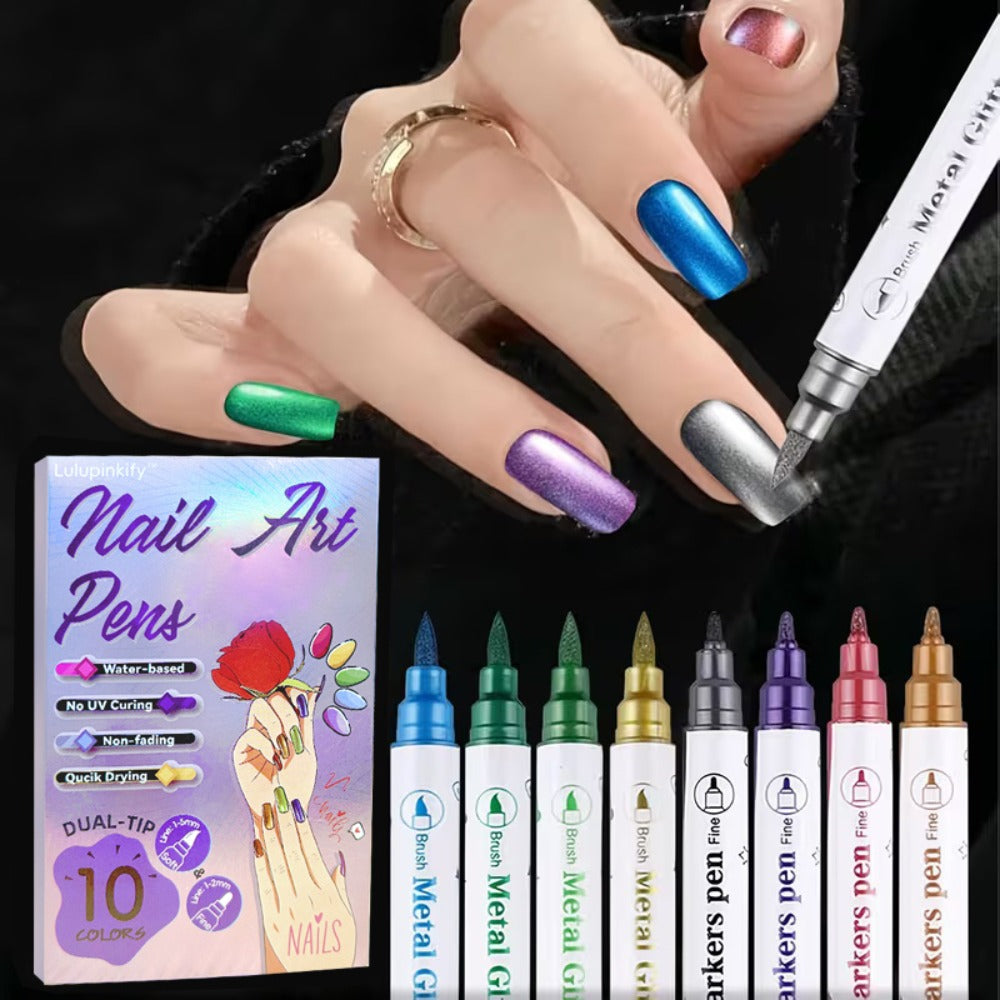 Nail Art Pens Set 10 Metallic Colors with 12pcs Nail Stickers – Dual-Headed 3D Acrylic Polish Markers for Doodle Dot Line Stitching Graffiti